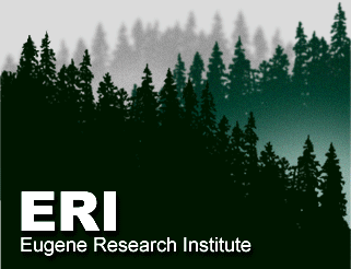 Image: Eugene Research Institute, E R I. Text over three illustrated hillsides of evergreen trees.
